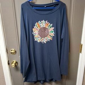 Blue Long Sleeve Tee Shirt Top with Sunflower Design